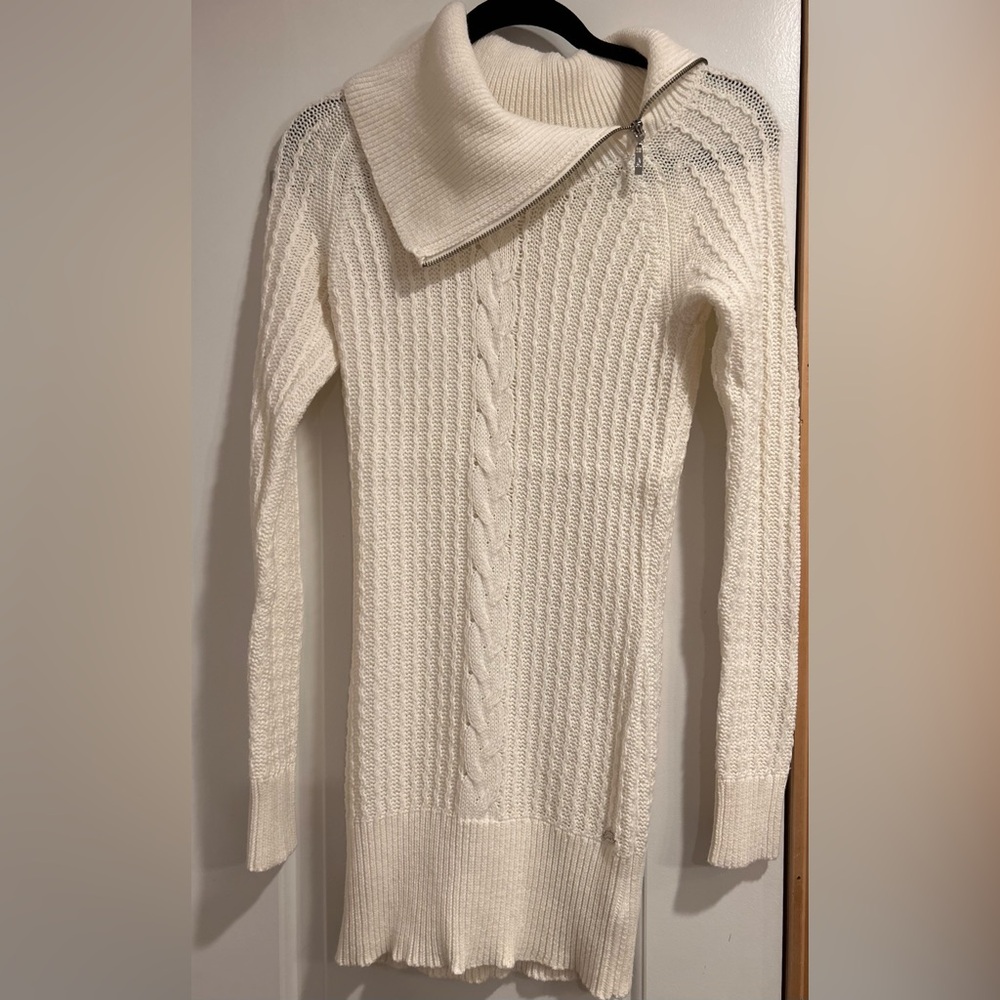 GUESS Ivory White Cable Knit Cowl Neck Zip Sweater Dress Women's [M] Tunic